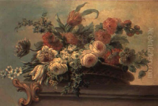 Still Life Of Hollyhocks And Other Flowers In A Basket On A Stone Ledge Oil Painting by Pieter Casteels III