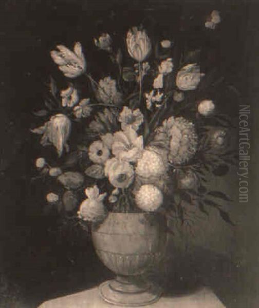 Tulips And Other Flowers In An Urn On A Pedestal Oil Painting by Pieter Casteels III