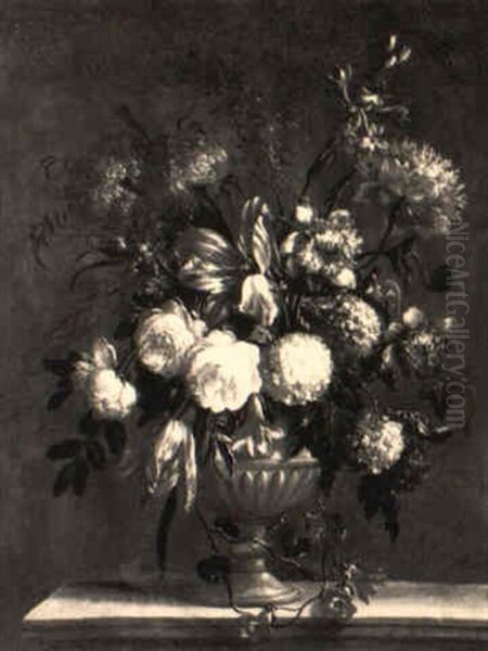 Roses, Tulips And Other Flowers In A Vase On A Ledge Oil Painting by Pieter Casteels III