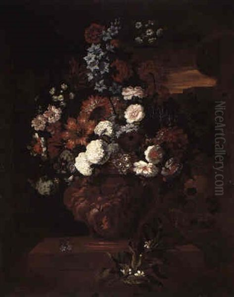 Roses, Hydrangeas, Carnations, Blossom, Morning Glory And Others In An Urn Oil Painting by Pieter Casteels III