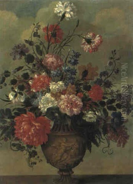 Roses, Carnations, Peonies, A Cornflower And Other Flowers In A Sculpted Urn Oil Painting by Pieter Casteels III