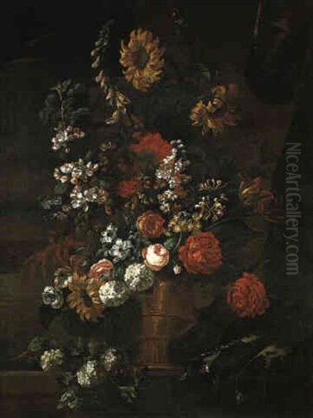 Roses, A Foxglove, Blossom, Poppies, Honeysuckle And Others In A Bronze Urn Oil Painting by Pieter Casteels III