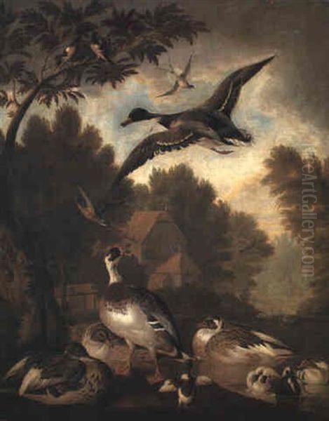 Mallard Drakes And Ducks On Wooded River Bank Oil Painting by Pieter Casteels III