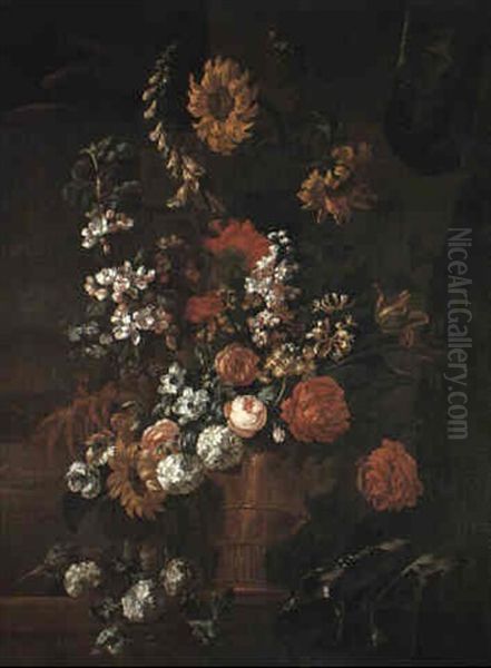 Flowers In A Bronze Urn On A Draped Ledge Oil Painting by Pieter Casteels III