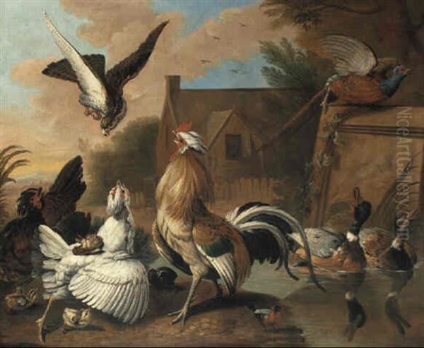 Hawk Attacking Poultry In A Farmyard Oil Painting by Pieter Casteels III