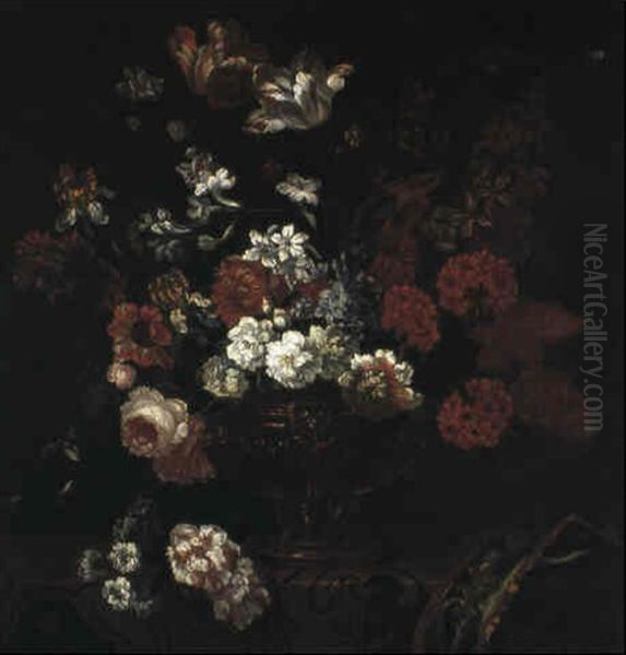 Vase De Fleurs Sur Un Entablement Recouvert D'un Tapis Oil Painting by Pieter Casteels III