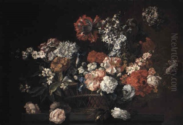 Flowers In A Basket On A Pedestal Oil Painting by Pieter Casteels III