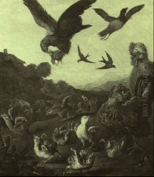 Hawks Carrying Off Chicks Being Defended By A Hen Oil Painting by Pieter Casteels III