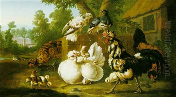 Ornamental Fowl In A Park, With A View Of A House Beyond Oil Painting by Pieter Casteels III