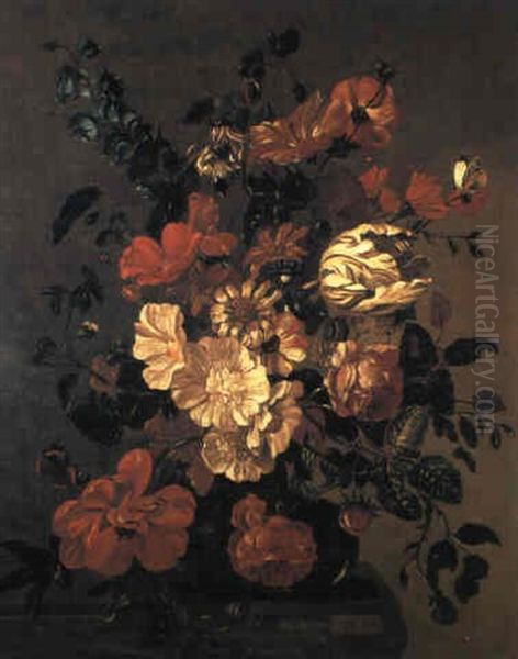 Roses, Carnations, Tulips And Other Flowers On A Ledge With A Red Admiral And A Cabbage White Butterfly Oil Painting by Pieter Casteels III