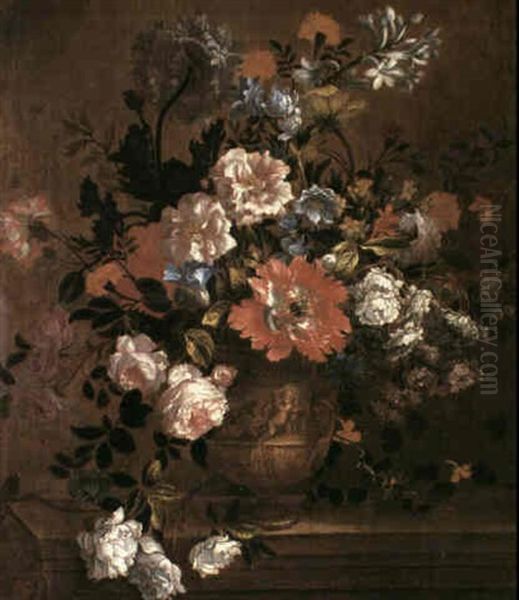 A Still Life Of Flowers Including Roses, Poppies And        Stephanosis In A Terracotta Urn Upon A Stoneledge Oil Painting by Pieter Casteels III