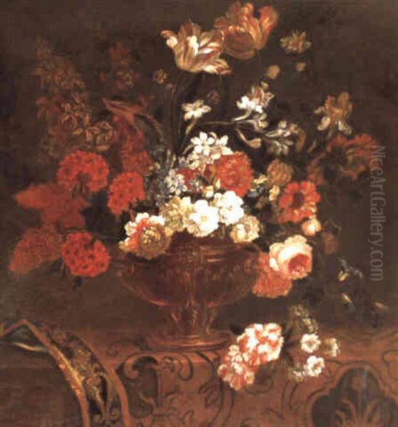 Vase De Fleurs Sur Un Entablement Recouvert D'untapis Oil Painting by Pieter Casteels III