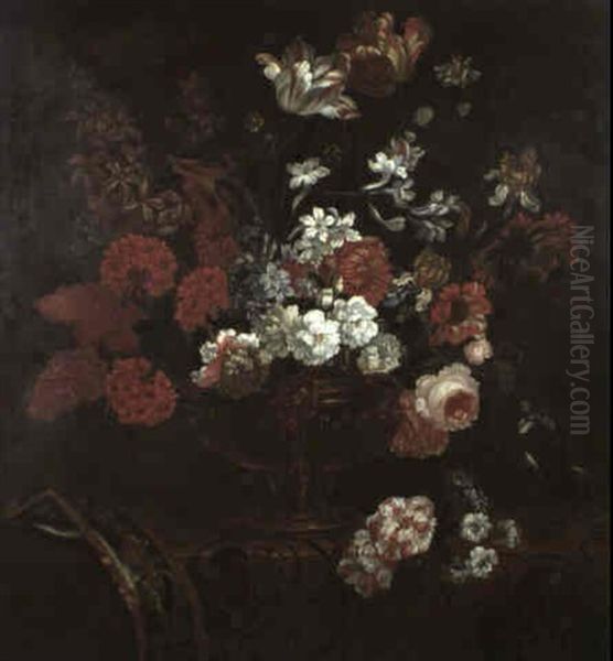 A Still Life Of Tulips, Roses, Pelargonium, Irises And      Other Flowers In A Copper Vase On An Embroidered Cloth Oil Painting by Pieter Casteels III