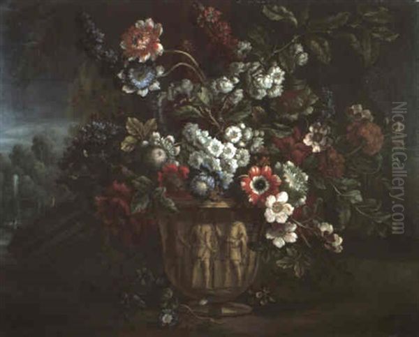 A Still Life Of Paeonies, Hyacinths, Roses And Other Flowers In A Terracotta Vase, A Fountain In A Landscape Beyond Oil Painting by Pieter Casteels III