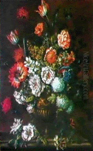 Grosser Dekorativer Blumenstrauss In Einer Plastisch        Verzierten Metallvase Oil Painting by Pieter Casteels III