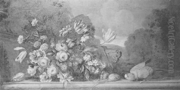 Still Life Of Mixed Flowers And A Parrot On A Stone Ledge,  A Landscape Beyond Oil Painting by Pieter Casteels III