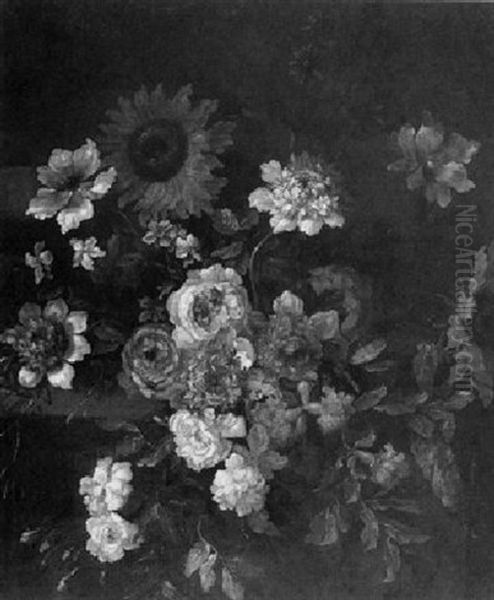 Still Life Of Roses, Carnations And Sunflowers On A Ledge Oil Painting by Pieter Casteels III