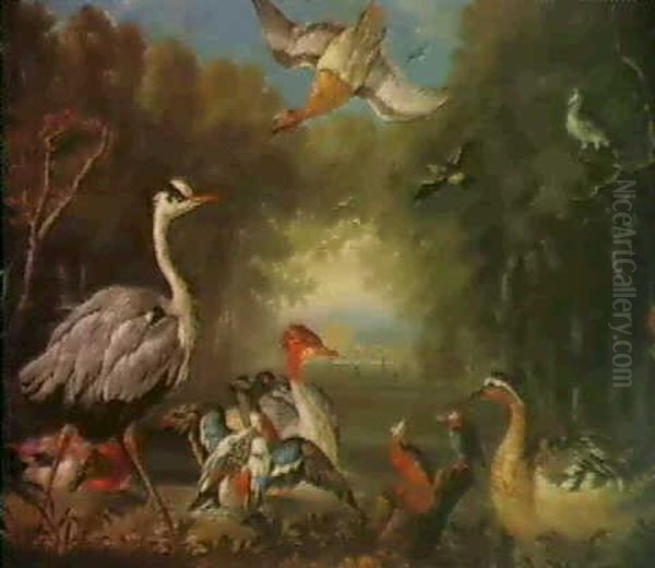 Waterfowl In A River Landscape And A Fox And Poultry In A   Landscape (59 X 89cm.) (2) Oil Painting by Pieter Casteels III