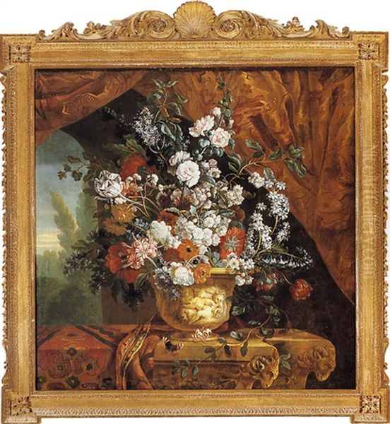 Still Life Of A Vase Of Floweron A Stone Ledge Oil Painting by Pieter Casteels III