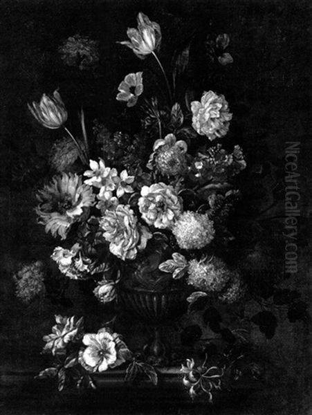 Still Life Of Roses, Variegated Tulips, Anemone,            Poppy, Daffodils And Other Flowers In An Elaborate Metal by Pieter Casteels III