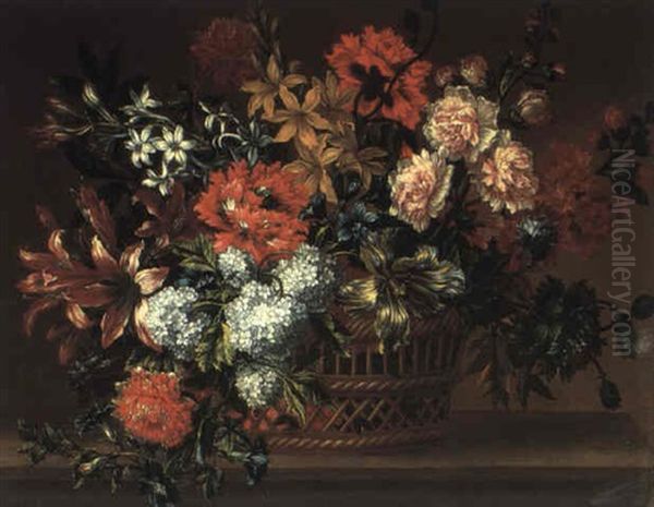 Ein Grosser Dekorativer Blumenstrauss In Einem Korb Auf     Einem Tisch Oil Painting by Pieter Casteels III