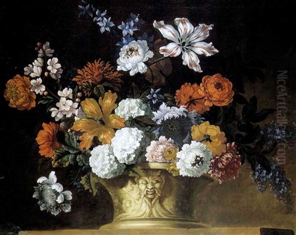 Tulips, Snowballs And Other Flowers In A Sculpted Urn Oil Painting by Pieter Casteels III