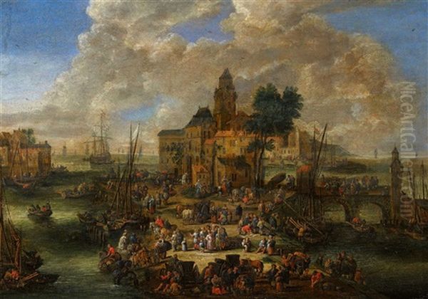 A Busy Harbour Scene Oil Painting by Pieter Casteels the Younger