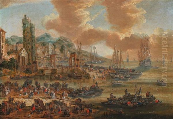 View Of A Harbour Oil Painting by Pieter Casteels the Younger