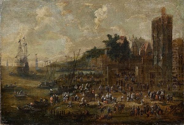 Ville En Bord De Mer Animee De Figures Oil Painting by Pieter Casteels the Younger