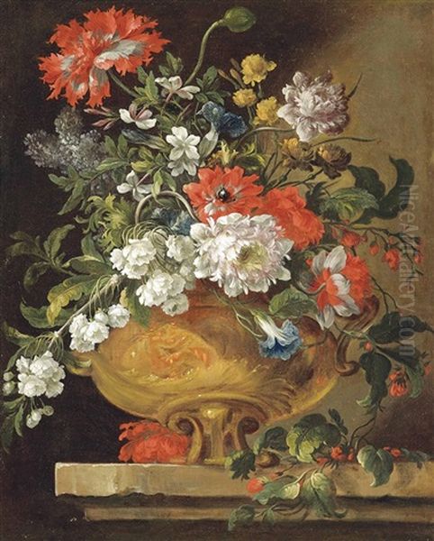 Tulips, Daffodils, Peonies, Lilies, Chrysanthemums And Other Flowers In A Sculpted Urn On A Stone Ledge Oil Painting by Pieter Casteels the Younger