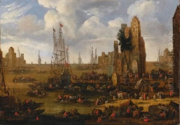 A Capriccio View Of A Busy Harbour Scene With Figures Loading Their Boats Oil Painting by Pieter Casteels the Younger