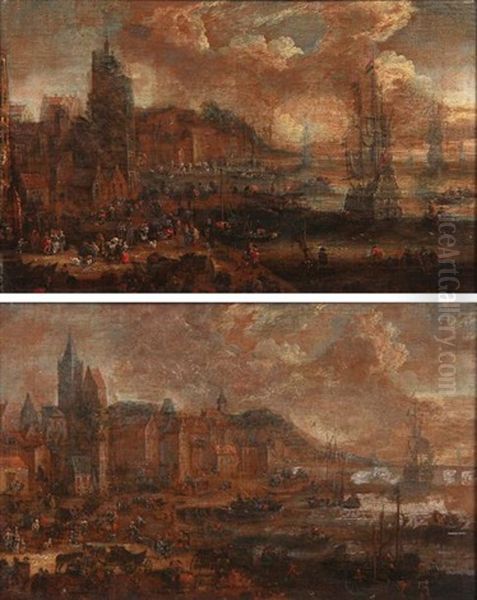 Vues De Ports Animees (pair) Oil Painting by Pieter Casteels the Younger