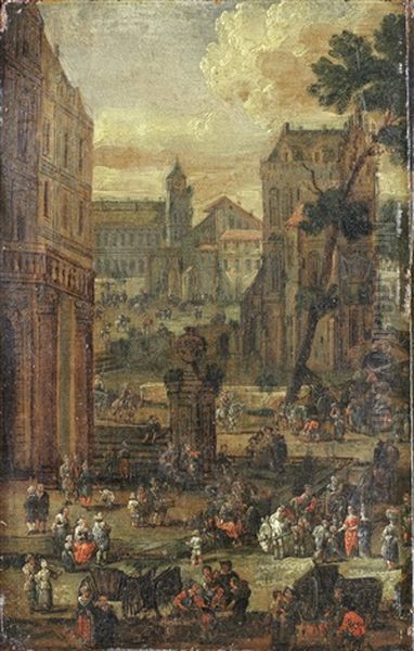 A Townscape With Figures In A Market Square by Pieter Casteels the Younger