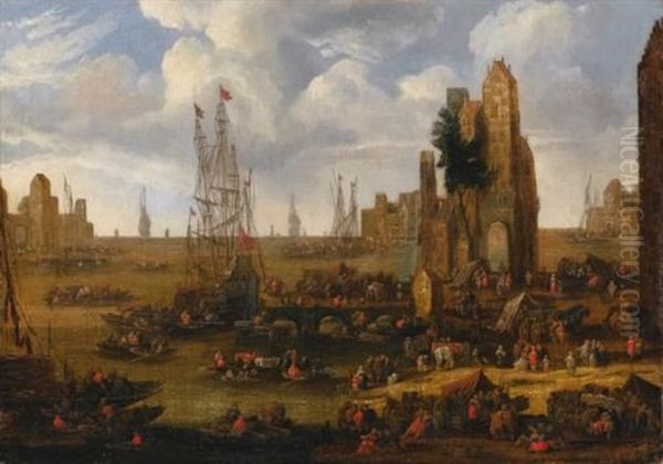 A Capriccio View Of A Busy Harbour Scene With Figures Loading Their Boats Oil Painting by Pieter Casteels the Younger