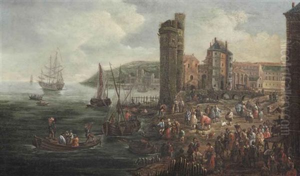 A View Of A Harbour With A Fish Market Oil Painting by Pieter Casteels the Younger