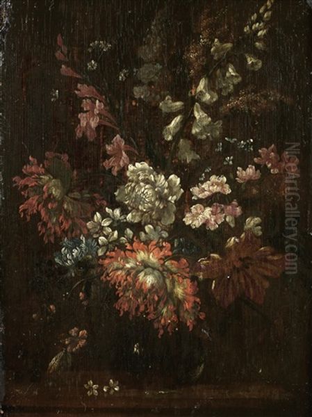 Chrysanthemums, Tulips, Forget-me-nots And Other Flowers In A Vase Oil Painting by Pieter Casteels the Younger