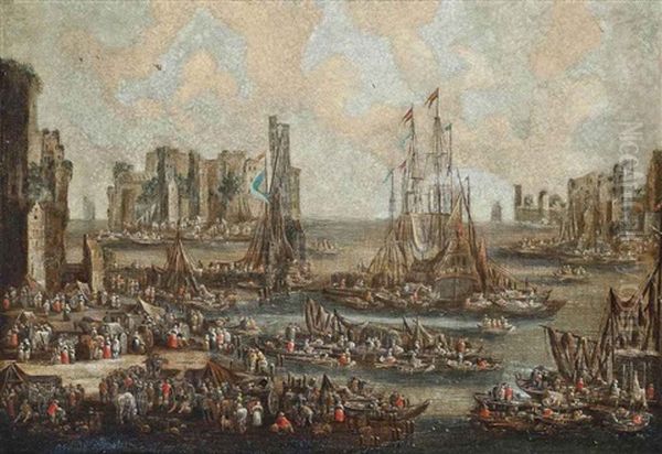 A Mediterranean Harbor Scene With Ships Unloading Their Cargo Oil Painting by Pieter Casteels the Younger