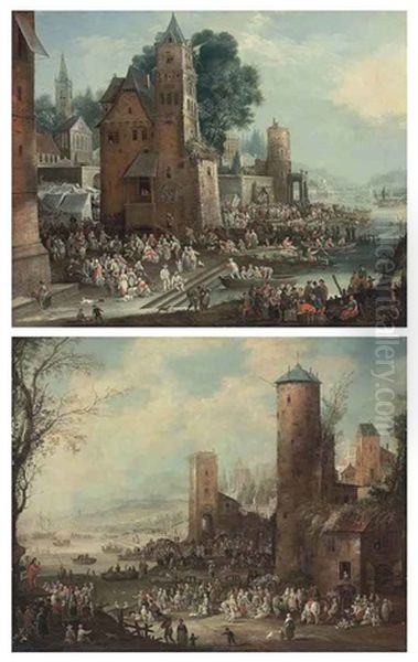 A Capriccio Harbor Scene With Market Tents And Street Theatre, Boats Docking In The Foreground (+ A Capriccio Harbor Scene With A Marketplace; Pair) Oil Painting by Pieter Casteels the Younger