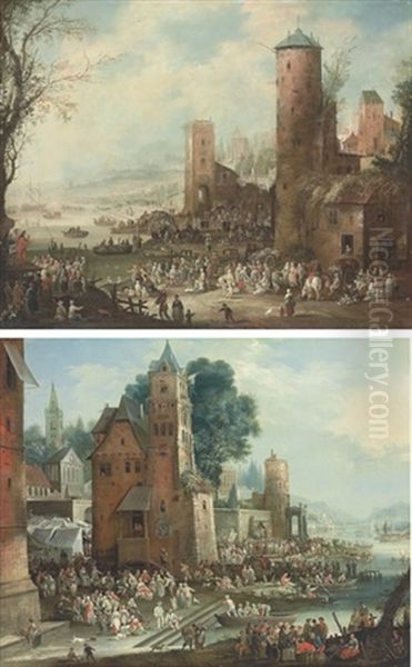 A Harbor Scene With A Marketplace (+ A Harbor Scene With Market Tents And Street Theatre, Boats Docking In The Foreground; Pair) Oil Painting by Pieter Casteels the Younger