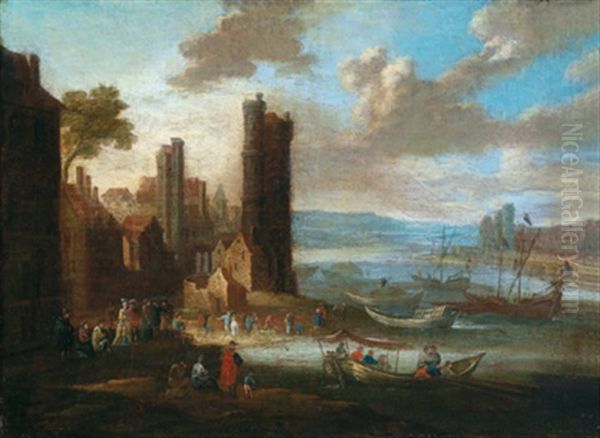 Stadt An Einem Fluss Mit Vielen Booten Und Figuren Oil Painting by Pieter Casteels the Younger