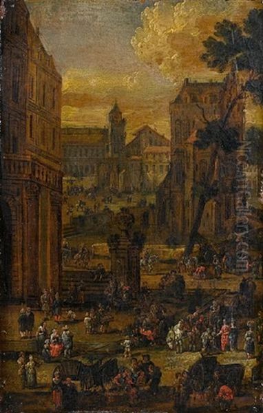 A Townscape With Figures In A Market Square Oil Painting by Pieter Casteels the Younger