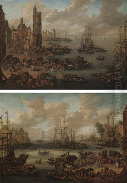 A Capriccio Of A Mediterranean Port With Figures In The Foreground (+ A Capriccio Of A Mediterranean Port With Merchants Unloading Their Goods; Pair) Oil Painting by Pieter Casteels the Younger