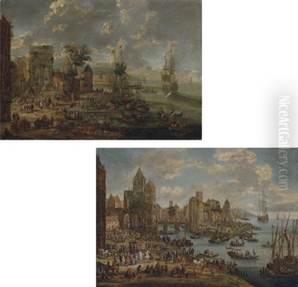 A Capriccio Of A Busy Port With The Ruins Of A Triumphal Arch (+ A Capriccio Of A Busy Port With A Bridge; Pair) Oil Painting by Pieter Casteels the Younger