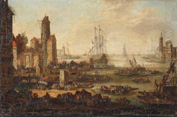 A View Of A Coastal Town, Shipping In The Distance Oil Painting by Pieter Casteels the Younger