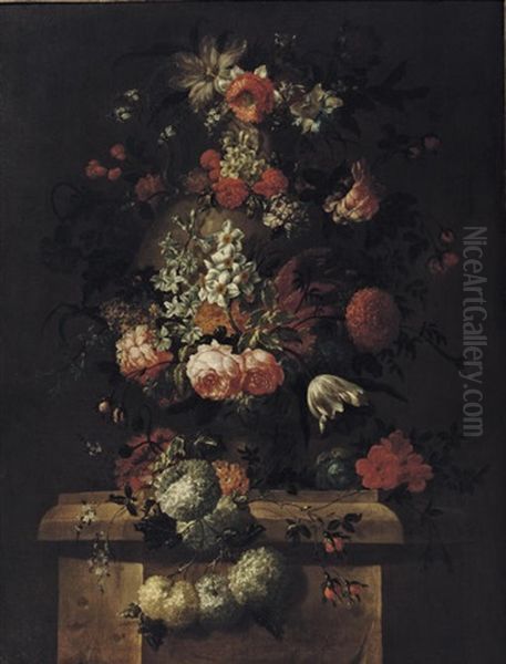 Roses, Tulips, Daffodils, Peonies, Lilies And Other Flowers In A Sculpted Vase On A Stone Pedestal Oil Painting by Pieter Casteels the Younger