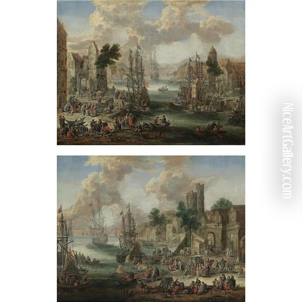 Harbour Scenes With Numerous Figures (pair) Oil Painting by Pieter Casteels the Younger