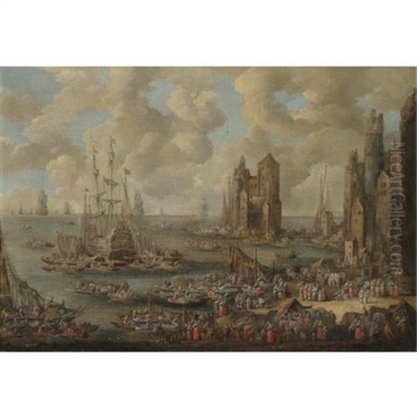 A Busy Harbour With Numerous Merchants And Fishermen Oil Painting by Pieter Casteels the Younger