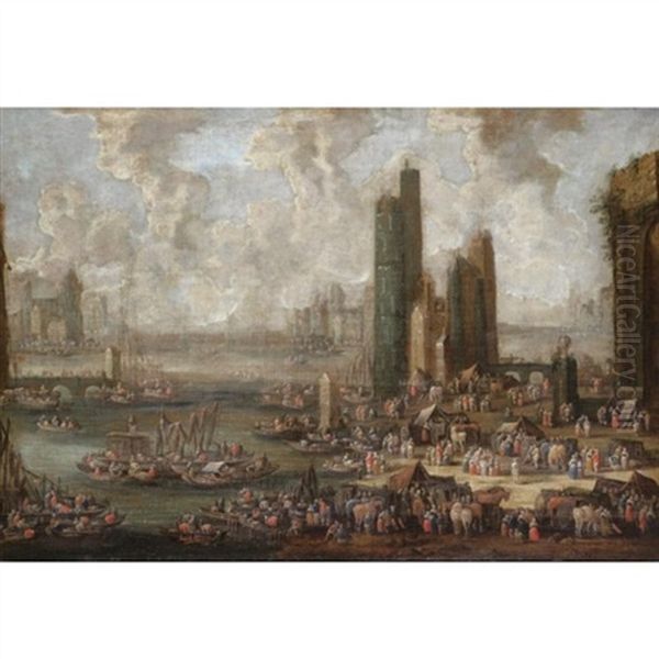 A Capriccio Harbour Scene With Numerous Figures And Merchants On The Quay Oil Painting by Pieter Casteels the Younger