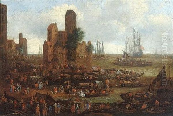 A Busy Harbour With Fishermen And Merchants Oil Painting by Pieter Casteels the Younger