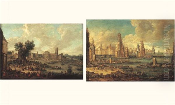 Vue De Ville Fluviale Imaginaire Animee D'embarcations (+ Another, Larger, Oil On Canvas Laid On Panel; 2 Works) Oil Painting by Pieter Casteels the Younger